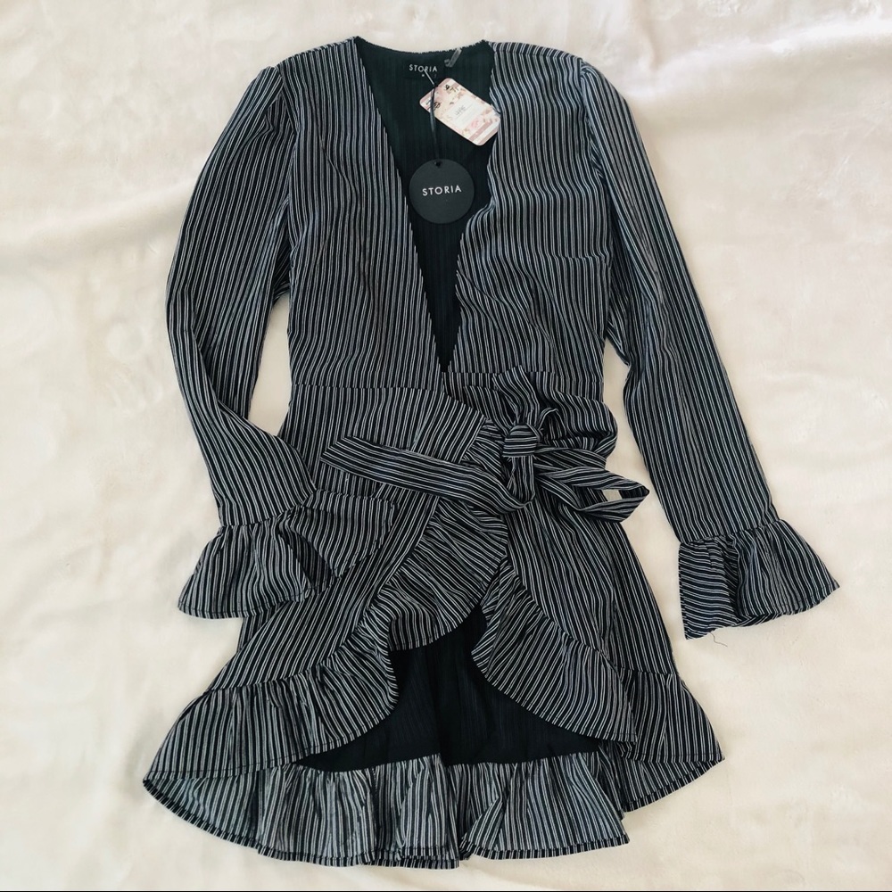 Storia Black & White Stripe Long Sleeve Wrap Dress